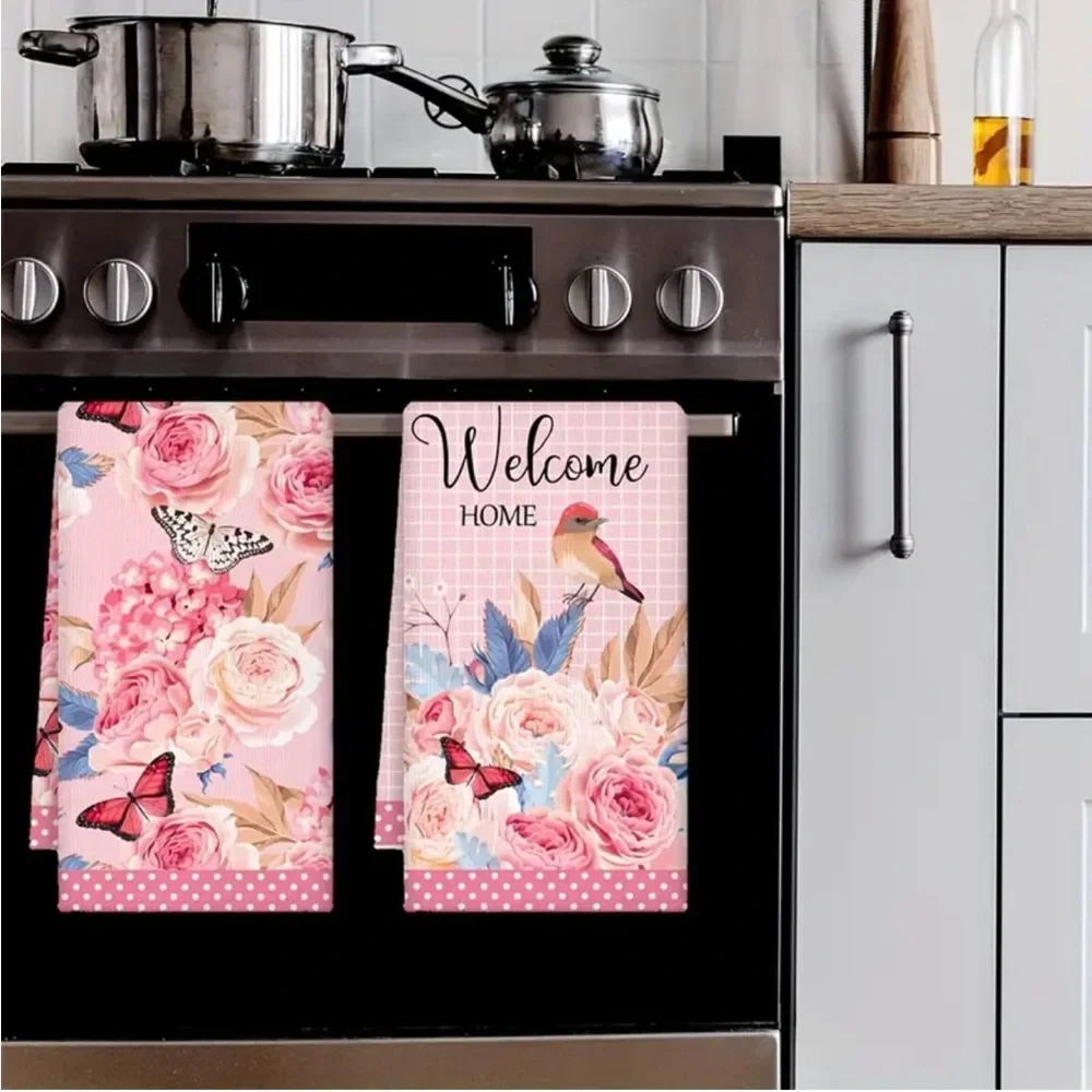 Set of 2 Floral Bird Butterflies Kitchen / Hand Towels